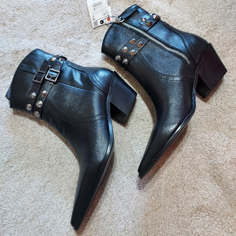 Zara Leather strap studded Cowboy Ankle Boots - Picture 9 of 14